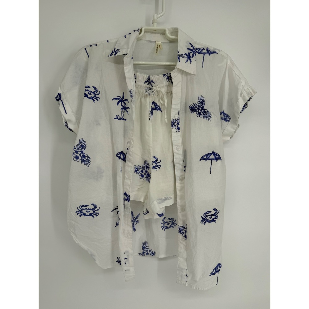 Moon Orchid Womens White Blue Nautical Beach Print Cotton Shirt/Shorts Set Sz M